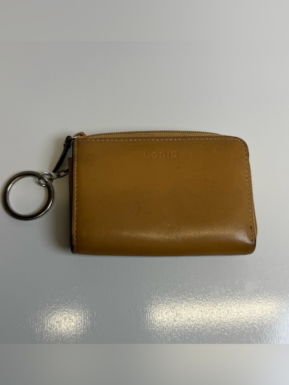 Lodis Cream Tan Teal Leather Mini Wallet Credit Card Holder Key Ring Zip Around